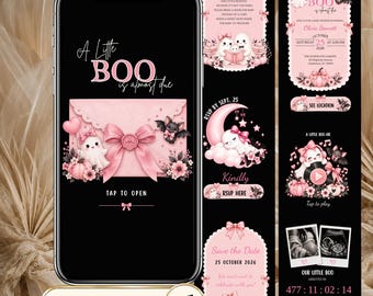 Op de afbeelding: Een digitale babyshower-uitnodiging op een smartphonescherm met een roze envelop, een spookje, een vleermuis en de tekst A Little BOO is almost due. Het ontwerp bevat diverse roze en zwarte panelen met spookjes, pompoenen en bloemmotieven.