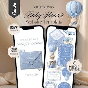 May include: A digital baby shower website template featuring a light blue color palette with teddy bear and hot air balloon illustrations. The mobile screens display invitation text, RSVP and countdown features, and decorative floral accents.