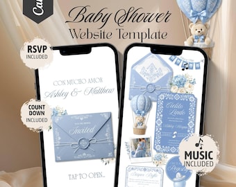 May include: A digital baby shower website template featuring a light blue colour palette with teddy bear and hot air balloon illustrations. The mobile screens display invitation text, RSVP and countdown features, and decorative floral accents.