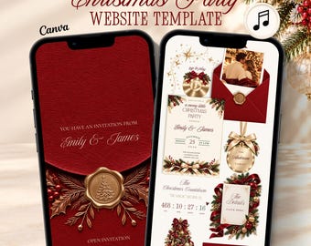 Elegante kerstfeestwebsite met RSVP, bordeauxrode feestelijke uitnodiging, bewerkbare Canva-sjabloon, kerst-e-uitnodiging, digitale producten