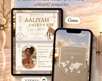 Op de afbeelding: Een digitaal paspoort verjaardagsuitnodiging sjabloon weergegeven op een tablet en smartphone. Het ontwerp bevat gouden tekst, een wereldkaart, een fotoplaatsaanduiding en de woorden PASSPORT BIRTHDAY INVITE, editable template en Canva.