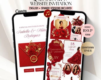 Op de afbeelding: Twee smartphones tonen een digitale Quinceañera website uitnodigingssjabloon met donkerrode rozen, gouden kroonaccenten en elegante tekst. De schermen tonen evenementdetails, RSVP-formulieren en afteltimers in het Engels en Spaans.