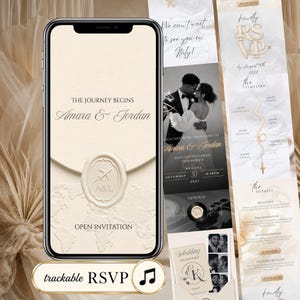 May include: A digital wedding invitation displayed on a smartphone screen featuring a cream-colored background with a world map, a wax seal with an airplane icon, and the text The Journey Begins Amara & Jordan. The interface includes RSVP options.