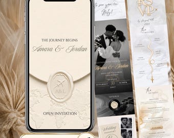 Op de afbeelding: Een digitale trouwuitnodiging op een smartphonescherm met een crèmekleurige achtergrond, een wereldkaart, een waszegel met een vliegtuigpictogram en de tekst The Journey Begins Amara & Jordan. De interface bevat RSVP-opties.