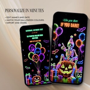 Neon kids Halloween video evite with colorful skeletons, balloons, bats and jack-o-lanterns for a spooky birthday celebration.