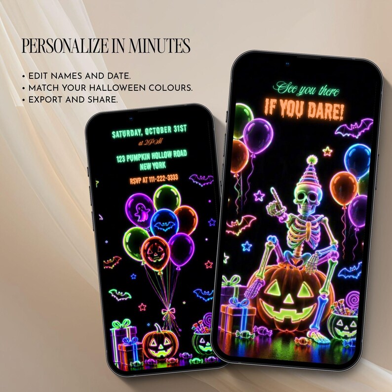 Neon kids Halloween video evite with colorful skeletons, balloons, bats and jack-o-lanterns for a spooky birthday celebration.