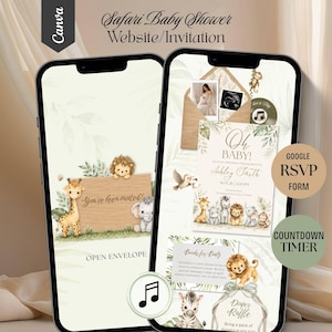 May include: Two smartphones displaying a digital Safari Baby Shower invitation. The screens feature watercolor illustrations of a giraffe, lion, and elephant, with text including "Safari Baby Shower Website/Invitation," "Oh BABY!," "Books for Baby," and "Diaper Raffle."