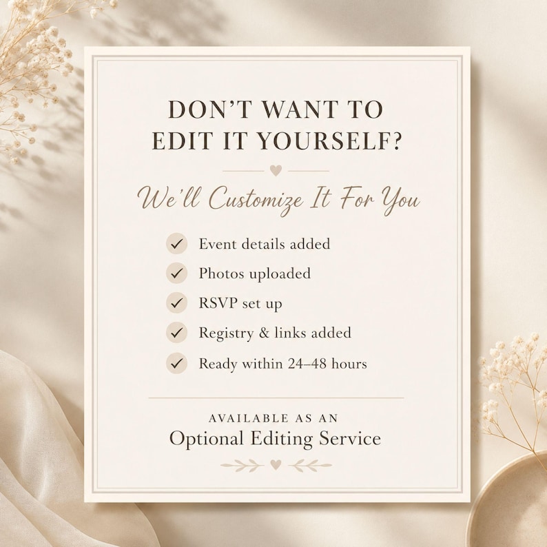 Optional editing service mockup for customers who would like their wedding video template personalized for them.