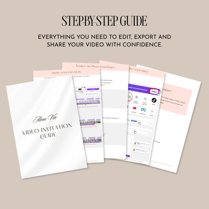 Step-by-step PDF guide included with the neon Halloween video invitation to help personalize, export and share the Canva template.