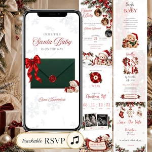 May include: A digital baby shower invitation displayed on a smartphone screen featuring a dark green envelope with a red bow and wax seal, a teddy bear in a Santa hat, and text reading Our Little Santa Baby Is On The Way and Open Invitation.