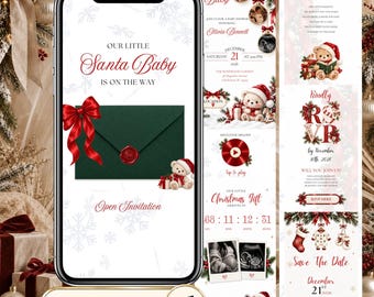 May include: A digital baby shower invitation displayed on a smartphone screen featuring a dark green envelope with a red bow and wax seal, a teddy bear in a Santa hat, and text reading Our Little Santa Baby Is On The Way and Open Invitation.
