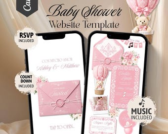 Op de afbeelding: Twee smartphones met een Cielito Lindo babyshower website template. De schermen tonen roze enveloppen, een teddybeer in een heteluchtballon, bloemaccenten en tekst, waaronder RSVP, countdown en muziek inbegrepen labels.