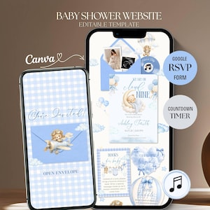 May include: A digital baby shower website template displayed on two smartphones. The design features a blue gingham pattern, a teddy bear on an aeroplane, and a teddy bear on a crescent moon with the text "We Are On Cloud Nine." Includes a Google RSVP form, countdown timer, and music icon.
