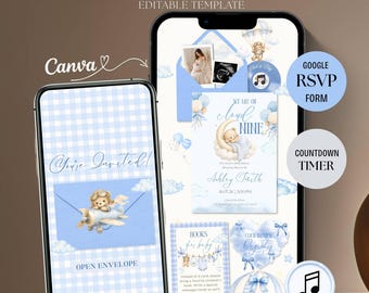 Op de afbeelding: Een digitale babyshower website template weergegeven op twee smartphones. Het ontwerp bevat een blauw ruitpatroon, een teddybeer in een vliegtuig en een teddybeer op een maansikkel met de tekst "We Are On Cloud Nine". Inclusief een Google RSVP-formulier, afteltimer en muziekicoon.