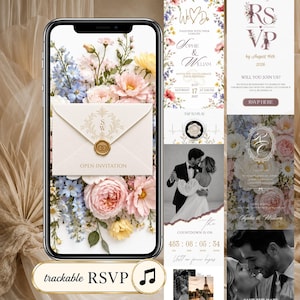 Könnte beinhalten: Eine digitale Hochzeitseinladung auf einem Smartphone-Bildschirm, die einen cremefarbenen Umschlag mit goldenem Wachssiegel vor Blumenarrangements zeigt. Die Benutzeroberfläche enthält RSVP-Schaltflächen, einen Countdown und Schwarz-Weiß-Fotos.