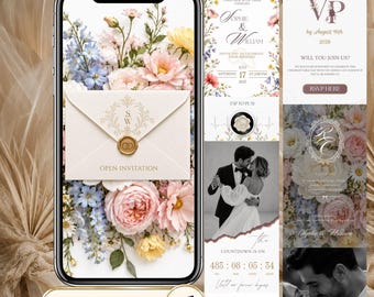 Op de afbeelding: Een digitale trouwuitnodiging op een smartphonescherm, met een crèmekleurige envelop met een gouden waszegel, omringd door bloemstukken. De interface bevat RSVP-knoppen, een afteltimer en zwart-witfoto's van een bruidspaar.