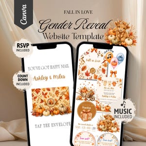 Puede incluir: Una plantilla de sitio web para revelación de género en dos teléfonos inteligentes, con gráficos de otoño que incluyen calabazas, hojas secas y una vaca highland. Las pantallas muestran textos como "Fall in Love", "Ashley & Miles" y "Tap the Envelope".