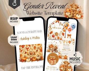 Op de afbeelding: Een digitale website-sjabloon voor een gender reveal op twee smartphones, met herfstthema-afbeeldingen van pompoenen, bladeren en een hooglandrund. De schermen tonen teksten zoals "Fall in Love", "Ashley & Miles" en "Tap the Envelope".