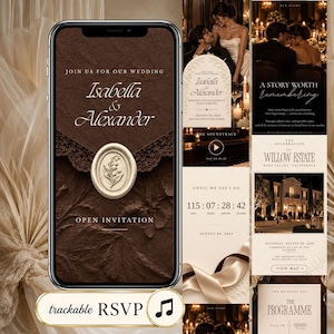 May include: A digital wedding invitation displayed on a smartphone screen featuring a dark brown textured background, a lace-patterned envelope flap, and a cream-colored wax seal with a lily of the valley design. Text includes Isabella & Alexander.