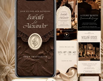 May include: A digital wedding invitation displayed on a smartphone screen featuring a dark brown textured background, a lace-patterned envelope flap, and a cream-colored wax seal with a lily of the valley design. Text includes Isabella & Alexander.