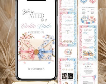 Op de afbeelding: Een digitale uitnodiging voor een gender reveal op een smartphonescherm, met een crèmekleurige envelop met roze en blauwe linten, bloemaccenten en een gouden waszegel. De tekst luidt You're INVITED to a Cielito Lindo GENDER REVEAL.