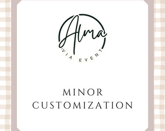 Op de afbeelding: Een vierkante afbeelding met een beige en witte gingham-rand rondom een wit midden. In het midden staat een zwart cirkelvormig logo met de tekst Alma VIA EVENT en de woorden MINOR CUSTOMIZATION in zwarte hoofdletters eronder gedrukt.