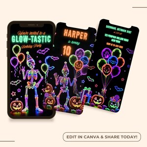 Neon kids Halloween video evite with colorful skeletons, balloons, bats and jack-o-lanterns for a spooky birthday celebrations.