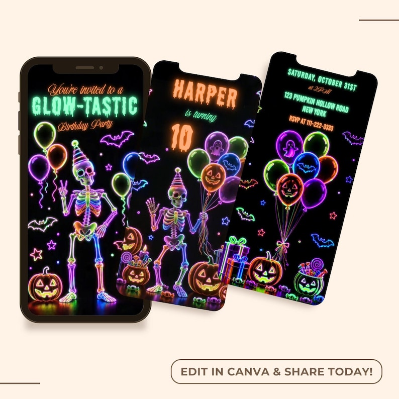 Neon kids Halloween video evite with colorful skeletons, balloons, bats and jack-o-lanterns for a spooky birthday celebrations.