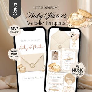 May include: A digital baby shower website template featuring a dumpling theme with two smartphones displaying invitation screens. The design includes cream-colored envelopes, bamboo steamers with cute dumpling illustrations, and text elements.