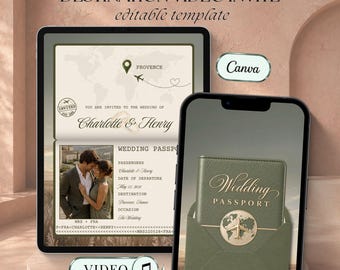 Op de afbeelding: Een digitale trouwuitnodigingssjabloon weergegeven op een tablet en smartphone. Het ontwerp heeft een paspoortthema met de tekst DESTINATION VIDEO INVITE, editable template, Canva en VIDEO. Het paspoort toont een kaart, een foto van een koppel en de namen Charlotte en Henry.