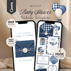 Puede incluir: Una plantilla de sitio web para baby shower con temática de mezclilla azul mostrada en dos teléfonos inteligentes. El diseño incluye textos como Blue Jean Baby Shower Website Template, RSVP Included, Count Down Included y Music Included.