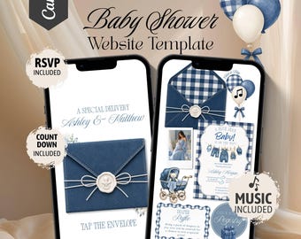 May include: A digital baby shower website template featuring a blue jean theme displayed on two smartphones. The design includes text such as Blue Jean Baby Shower Website Template, RSVP Included, Count Down Included, and Music Included.