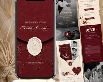 Op de afbeelding: Een digitale trouwuitnodiging op een smartphonescherm met een dieprode achtergrond, een wereldkaart, een crèmekleurig waszegel met de initialen A&L en de tekst The Journey Begins Ashley & Liam Open Invitation.