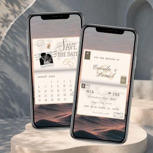 Passport Save the Date video displayed on two angled phone mockups showing the wedding calendar and destination wedding announcement pages.