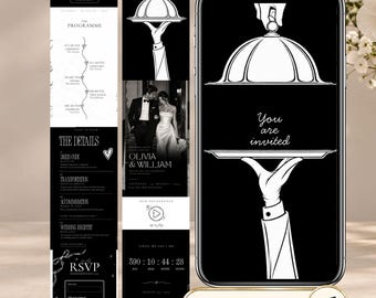 Op de afbeelding: Een smartphone met een digitale trouwuitnodiging in zwart-wit, voorzien van een afbeelding van een gehandschoende hand die een zilveren schaal vasthoudt en de tekst You are invited. Het scherm toont ook details, een aftelklok en RSVP-velden.