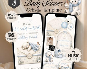Op de afbeelding: Een digitale babyshower website template op twee smartphones met een winterthema, een ijsbeer, blauwe sjaal en sneeuwvlokken. De tekst bevat Baby It's Cold Outside, Baby Shower Website Template, RSVP Included, Count Down Included en Music Included.