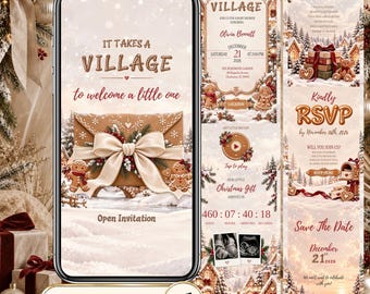 Op de afbeelding: Een digitale babyshower-uitnodiging op een smartphonescherm met een peperkoekthema, de tekst 'IT TAKES A VILLAGE to welcome a little one', een envelopafbeelding met een grote crèmekleurige strik en winterse dorpsscènes op de achtergrond.