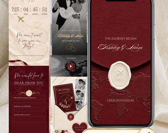 Op de afbeelding: Een digitale trouwuitnodiging op een smartphonescherm met een dieprode achtergrond met wereldkaarttextuur, een crèmekleurig waszegel met een vliegtuigicoon en de tekst The Journey Begins Ashley & Liam Open Invitation.