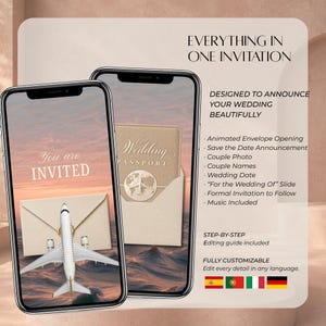 Destination Save the Date video mockup highlighting the animated envelope opening and champagne wedding passport with included template features.