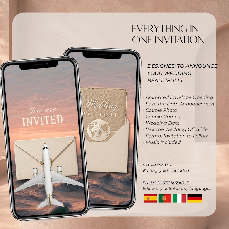 Destination Save the Date video mockup highlighting the animated envelope opening and champagne wedding passport with included template features.