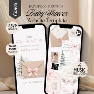 Könnte beinhalten: Zwei Smartphones zeigen eine Baby It's Cold Outside Babyparty-Website-Vorlage. Die Bildschirme zeigen rosa Schleifen, Tannenbäume, Umschläge und Text, einschließlich RSVP, Countdown und Musik. Das Design verwendet eine sanfte rosa und weiße Farbpalette.
