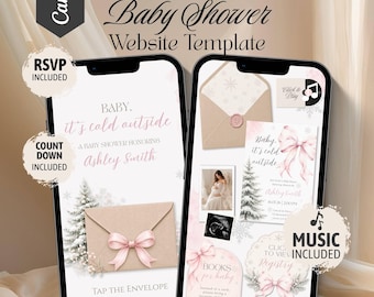 Op de afbeelding: Twee smartphones met een Baby It's Cold Outside babyshower website template. De schermen tonen roze strikken, dennenbomen, enveloppen en tekst inclusief RSVP, countdown en muziek. Het ontwerp gebruikt een zachtroze en wit kleurenpalet.
