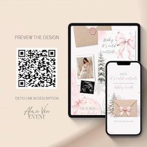 Editable Canva winter baby shower website featuring snowy pink bows.