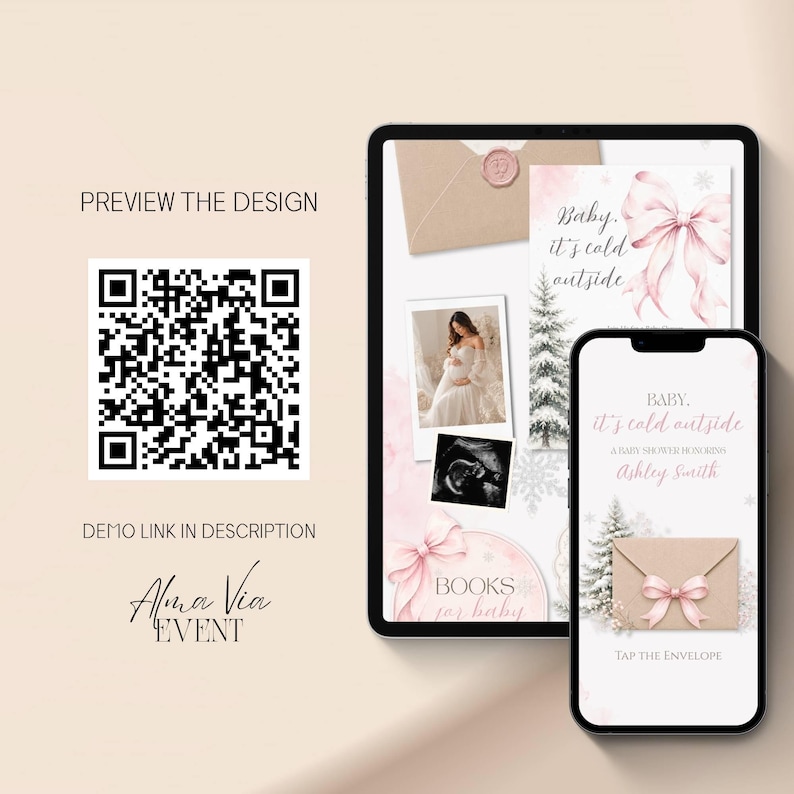 Editable Canva winter baby shower website featuring snowy pink bows.