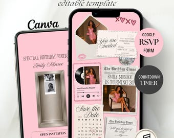 Op de afbeelding: Twee smartphones met een roze verjaardag-website-sjabloon. De schermen bevatten tekst zoals BIRTHDAY WEBSITE, editable template, Canva, Google RSVP FORM, COUNTDOWN TIMER, SPECIAL BIRTHDAY EDITION, Emily Monroe en The Birthday Times.