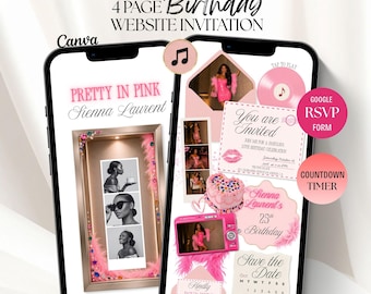 Op de afbeelding: Een 4-pagina verjaardag website uitnodiging weergegeven op twee smartphones. Het ontwerp bevat roze accenten, een fotostrip, een kalender, een digitale taart en tekst waaronder Pretty in Pink, Sienna Laurent, You are Invited en Save the Date.