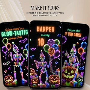 Editable Canva Halloween birthday video invitation featuring neon skeletons, glowing pumpkins and customizable party details.