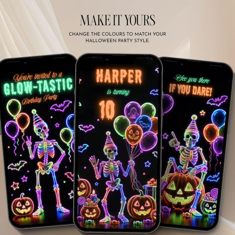 Editable Canva Halloween birthday video invitation featuring neon skeletons, glowing pumpkins and customizable party details.
