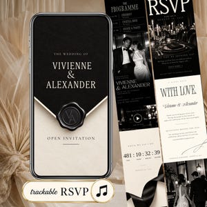 May include: A digital wedding invitation displayed on a smartphone screen featuring the text The Wedding of Vivienne & Alexander, a black wax seal with VA initials, and a trackable RSVP button. The design includes black and cream sections.