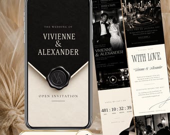 Black Tie Wedding Website Template, Online RSVP Invitation, Editable Canva Wedding Website with Music & Countdown